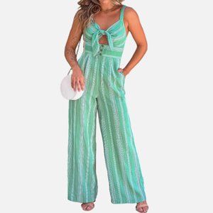 Green Striped Tie Front Wide Leg Jumpsuit